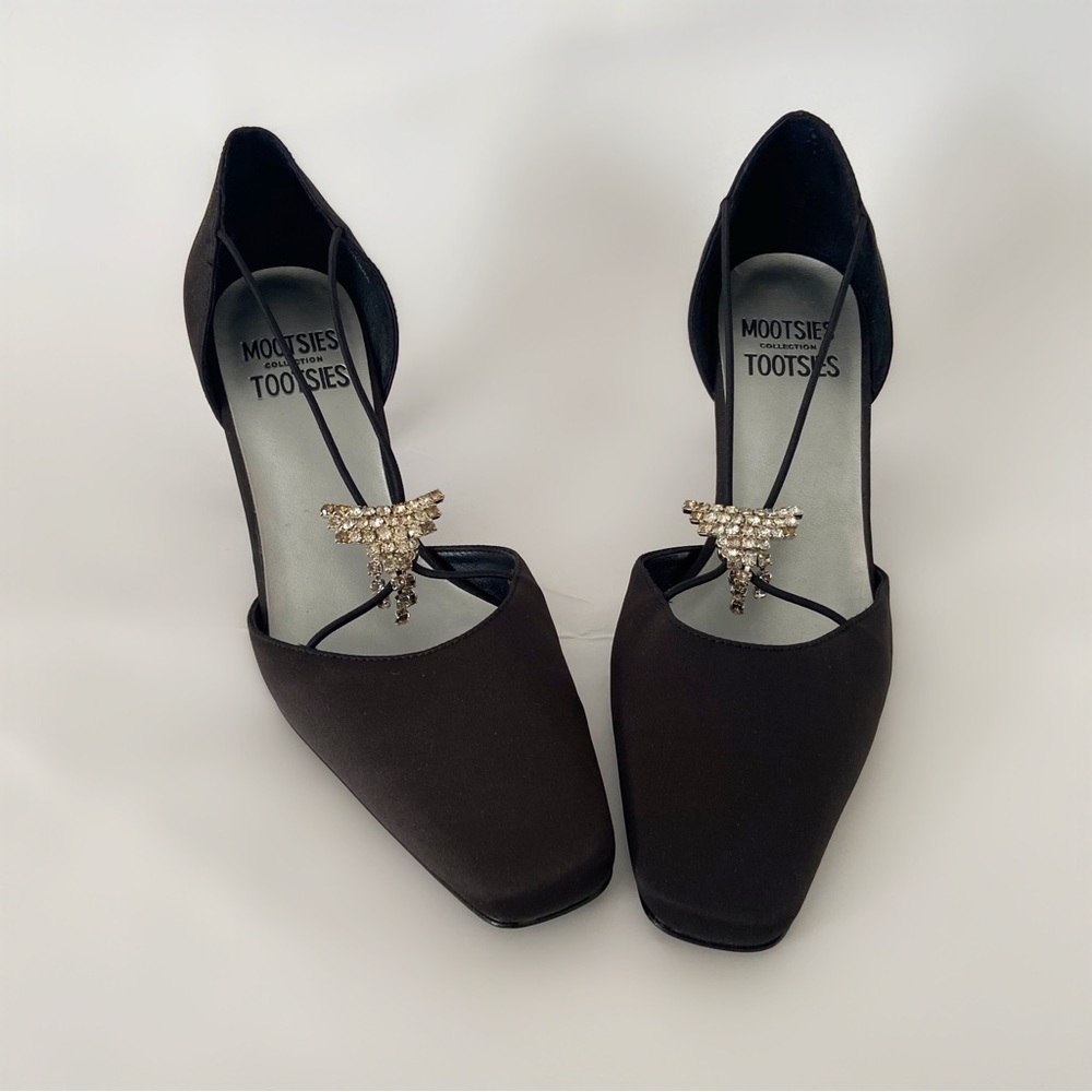 Vintage Mootsies Tootsies black heel pump rhinestones shoes 7.5 chunky heel